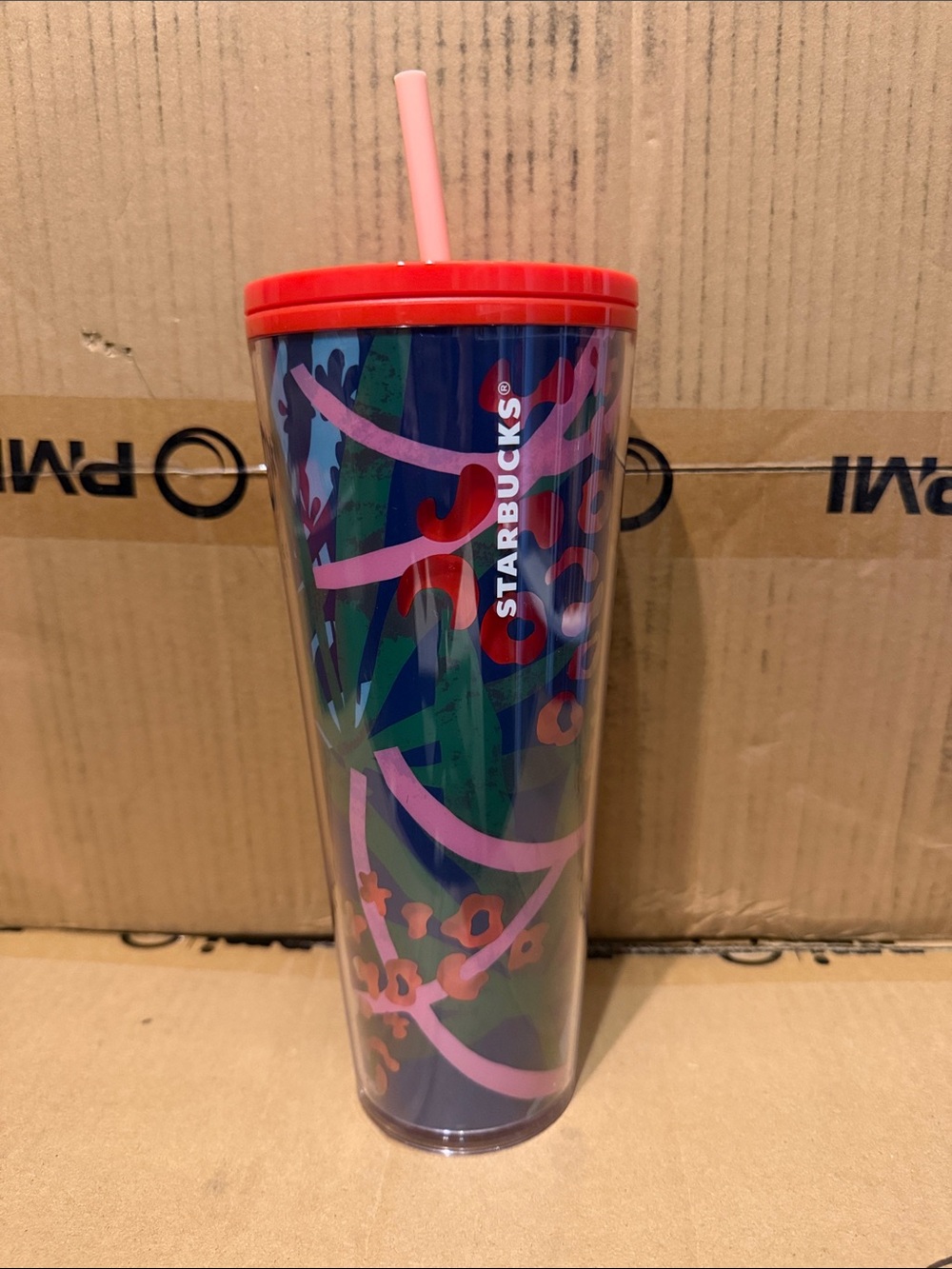 Starbucks Navy Blue Floral Cold Cup with Red Lid and Pink Straw